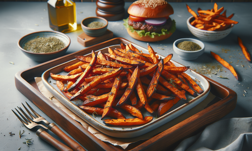 Een AI-gegenereerde afbeelding van een oventray met zoete aardappelfrites, met op de achtergrond een hamburger