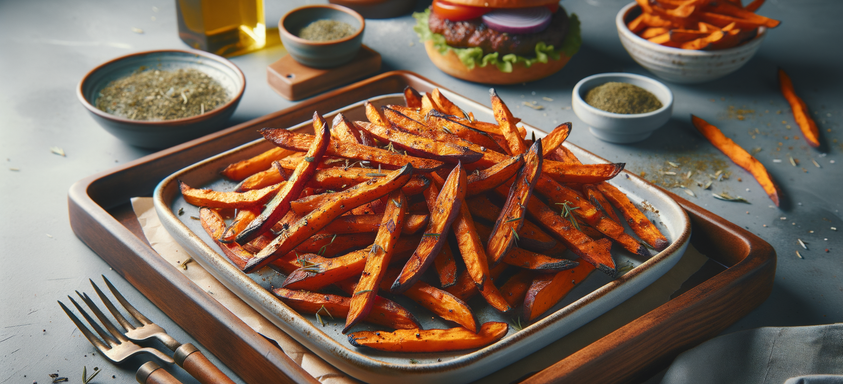 Een AI-gegenereerde afbeelding van een oventray met zoete aardappelfrites, met op de achtergrond een hamburger